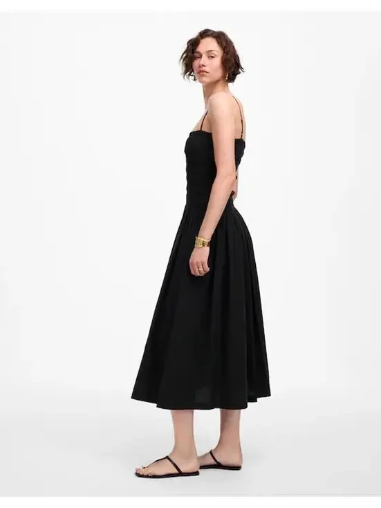 Madewell Black Smocked Bodice Midi Dress Spaghetti Straps - Picture 5 of 10